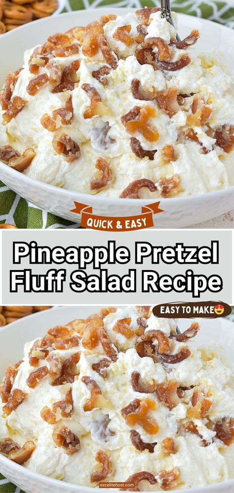 Pineapple pretzel fluff is a sweet dessert salad that will delight all sweet-tooth. Pineapple Pretzel Fluff Salad, Pineapple Fluff Salad Recipes, Pineapple Fluff Recipe With Pretzels, Pineapple Marshmallow Salad, Hawaiian Fluff Salad, Easy Dessert Salads, Pineapple Pretzel Salad Recipe, Millionaire Peach Salad, Pretzel Fluff