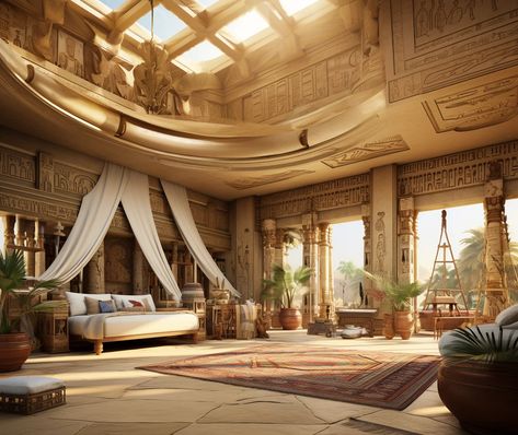 Arabian Palace Bedroom, Egyptian Architecture Concept Art, Ancient Egypt Bedroom, Mediterranean City Concept Art, Egyptian City Concept Art, Ancient Egypt Interior Design, Ancient Egyptian Bedroom, Egyptian Revival Architecture, Modern Egyptian Architecture