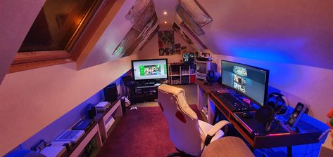 Completed my gaming setup :) https://ift.tt/2U9FEWV Check out Mystikz Gaming https://ift.tt/2tVNFmJ Loft Conversion Games Room, Loft Ideas Upstairs, Attic Game Room, Male Living Space, Game Room Ideas, Best Gaming Setup, Small Attic, Game Room Family, Loft Space