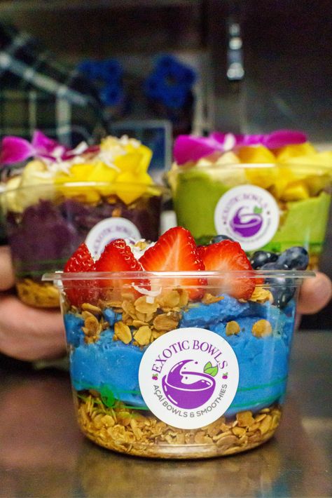 Bring a bit of Brazil to your next gathering with Exotic Bowls' delicious and colorful acai and smoothie fruit bowls 🍓🍌🍍 Contact us today to have this healthy food truck roll up to your event! ⁠ Healthy Food Truck, Vanilla Protein Shake, Bubble Tea Menu, Protein Shake Ingredients, Smoothie Combinations, Bowls Healthy, Acai Bowls Recipe, Smoothie Shop, Peanut Butter Nutella