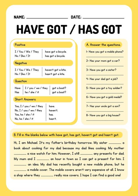 Have Got / Has Got (Possession) Grammar Worksheet - Templates by Canva English Grammar Exercises, Grammar For Kids, English Teaching Materials, English For Beginners, English Exercises, English Grammar Worksheets, Kids English, English Classroom, English Language Teaching