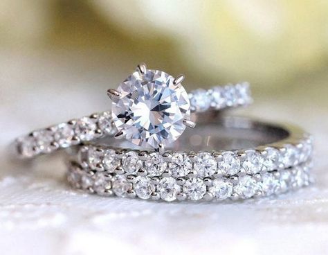 1.3 Ct Diamond, Engagement Solitaire With Accents Ring, Bridal Finger Ring Set, 14K White Gold, Charming Diamond Anniversary Trio Ring Set Trio Engagement Ring, Bridal Ring Sets Round, Eternity Band Set, Stackable Diamond Rings, Moissanite Bridal Sets, Diamond Ring Set, Diamond Wedding Rings Sets, Diamond Engagement Ring Set, Diamond Ring Settings