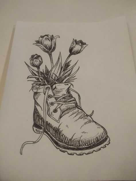 #flowers #tulips #boot #pen #drawing #art Flower Black Pen Drawing, Boots Art Drawing, Bottle With Flowers Drawing, Boot With Flowers Drawing, Black Pen Drawing Sketches, Flower Pen Art, Black Pen Drawing Ideas, Boot Sketch, Flower Pen Drawing