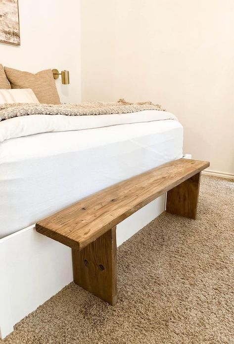 Bench Seat In Bedroom, End Of Bed Chair, Natural Wood Bench Bedroom, Wood Bench At Foot Of Bed, Benches At End Of Bed, Wood Bench In Front Of Bed, Wood Bench End Of Bed, End Of Bed Table, Wooden End Of Bed Bench