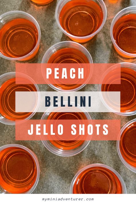 Peach Bellini Jello Shots - My Mini Adventurer Easy Fruity Cocktails, Malibu Jello Shots, Orange Jello Shots, Tequila Jello Shots, Peach Jello Shots, Strawberry Margarita Jello Shots, Cherry Jello Shots, Lemonade Jello Shots, Strawberry Jello Shots