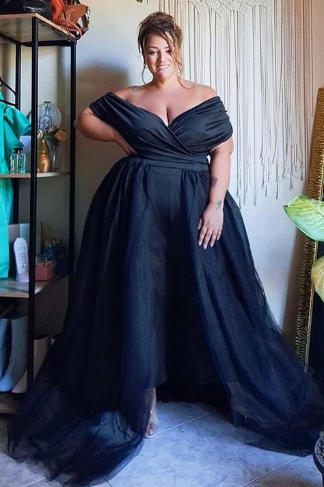 Xpluswear Plus Size Formal Casual Solid Off The Shoulder V Neck Tulle Jumpsuit (With Tulle Skirt) Mascarade Party Outfit Dresses Plus Size, Plus Size Black Tie Event Dresses, Mascarade Party Outfit, Tulle Jumpsuit, Gala Attire, Black Tie Event Dresses, Tulle Skirts Outfit, Suit Type, Gala Outfit