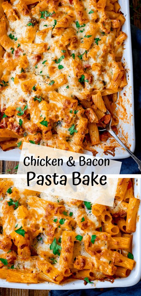 AMAZING Cheesy Pasta Bake With Chicken And Bacon - a family favourite (and it makes great leftovers too!). #OnePotMeals #PastaBake Pasta Bake With Chicken, Chicken And Bacon Pasta Bake, Chicken And Bacon Pasta, Baked Chicken Pasta Recipes, Bacon Pasta Recipes, Bacon Pasta Bake, Cheesy Pasta Recipes, Cheesy Pasta Bake, Chicken Bacon Pasta