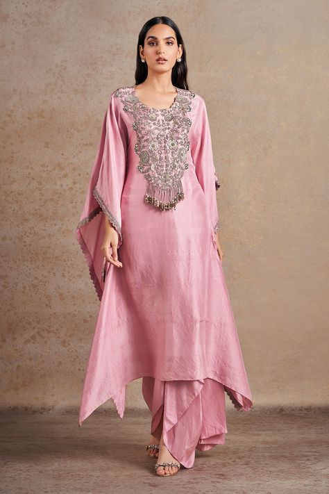 Buy Purple Pure Silk Embroidered Dori V-neck Kaftan With Draped Skirt For Women by Stotram Online at Aza Fashions. Kaftan With Skirt, Rakhi Outfit Ideas 2024, Desi Things, Suit Inspiration, Choli Dress, Embroidered Kaftan, Kaftan Designs, Fancy Sarees Party Wear, Designer Kurti Patterns