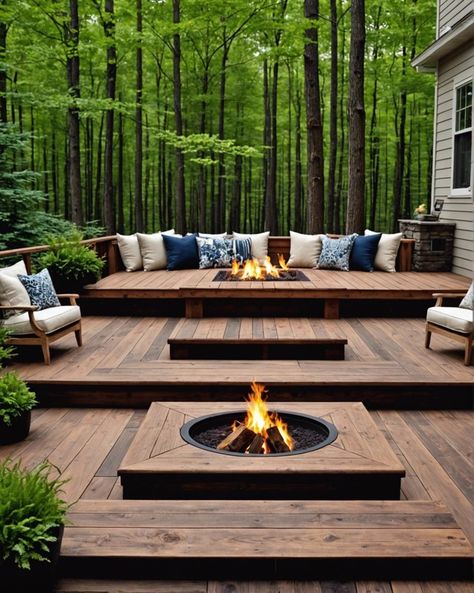 20 Deck Ideas For Your Next Outdoor Makeover – ToolzView Fire Pit Ideas Backyard In Woods, Amazing Decks Design, Backyard Low Deck Ideas, Round Decking Ideas, Deck Built Around Tree, Fire Pit Deck Ideas, Deck Furniture Design, Deck Sloped Backyard, Deck In Woods