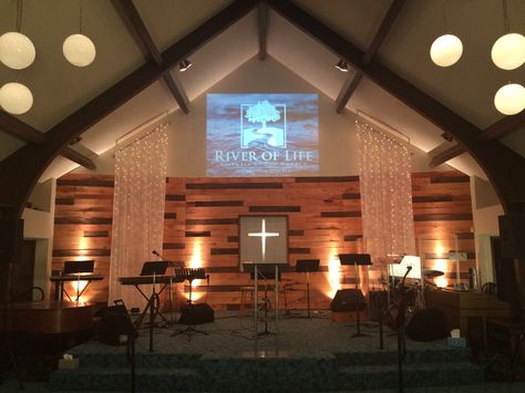 Warmth from River of Life in Oroville, CA brings us this big stage refresh. | Church Stage Design Ideas Church Design Sanctuary, Church Stage Design Ideas Backdrops, Sanctuary Decor, Church Pulpit, Church Foyer, Church Lobby, Church Building Design, Church Stage Design Ideas, Church Interior Design