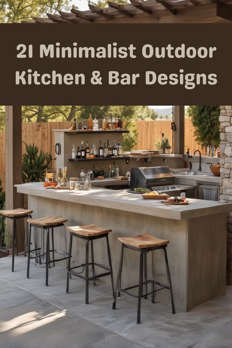 Upgrade your outdoor space with these 21 stylish and minimalist kitchen and bar ideas. Backyard Grill And Bar Ideas Small Spaces, Mini Bars Ideas, Outdoor Kitchen And Bar Design, Outdoor Kitchen Counter Ideas, Outdoor Concrete Countertops Grill Area, Small Outdoor Kitchen With Bar, Outdoor Kitchen Modern Design, Patio Bars Outdoor Diy, Outdoor Bbq Bar Ideas