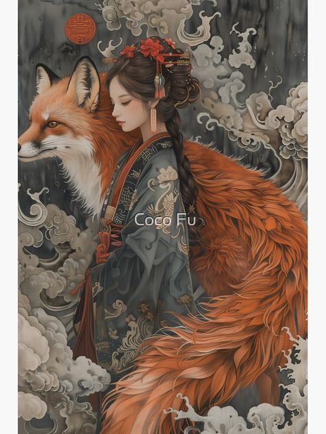 Japanese Kitsune Art, Kitsune Fox Art, Kitsune Kimono, Japanese Folklore Art, Fox Art Illustration, Rebecca Aesthetic, Asian Fox, Fox Anatomy, Kitsune Fox Spirit