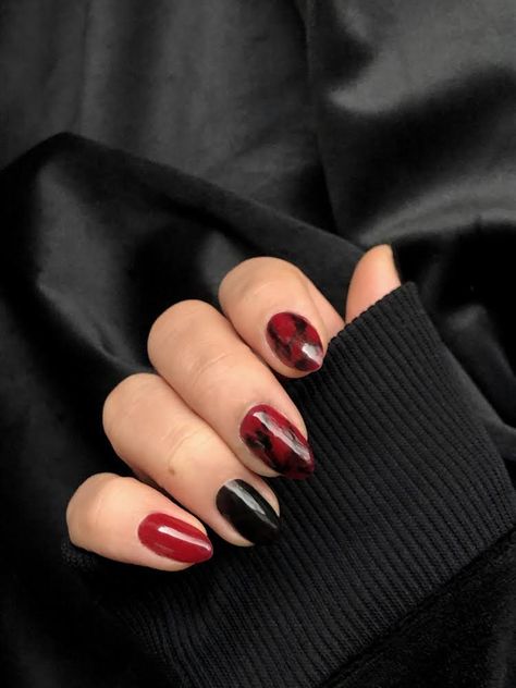 Red and Black Nails with Marble like Nailart Black And Red Marble Nails, Red And Black Marble Nails, Oval Almond Nails, Black Marble Nails, Biab Nails, Red Marble, Marble Nails, Black Marble, Black Nails