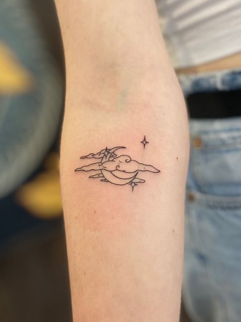 Cloud Moon Tattoo, Cloud And Moon Tattoo, Cloud And Stars Tattoo, Moon And Clouds Tattoo, Clouds And Stars Tattoo, Night Sky Tattoos, Sky Tattoo, Clouds Tattoo, Sky Tattoos