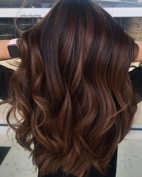 Two-Tone Dark Chocolate Hair Color Chocolate Hair Green Eyes, Red High Light Hair Dark Brown, Brown Hair 2024 Trends, Red Undertone Hair Brown, 2024 Womens Haircuts, Work Appropriate Hair Color, Mohagany Brown Hair, Hair Colour For Curly Hair, Deep Autumn Hair Color