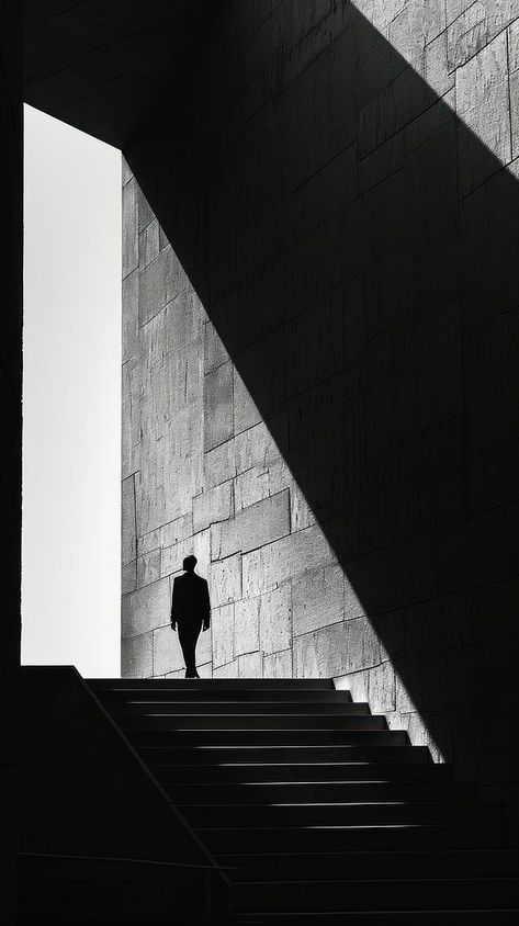 Silhouette person architecture monochrome staircase. | premium image by rawpixel.com / Chaiwoot Pooh Monochrome Staircase, Black And White Photos Aesthetic, Old Architecture Photography, Light And Shadow Architecture, Geometrical Animals, Person Architecture, Federer Style, Stairs Aesthetic, Staircase Photography