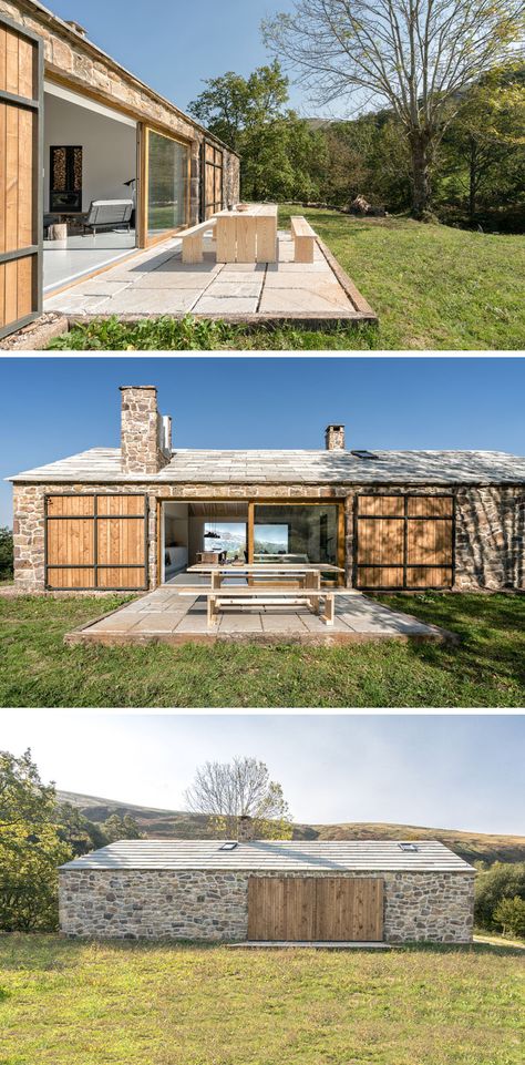 Stone Cottages, Stone Facade, Contemporary Cottage, Stone Cottage, Exterior Stone, Outdoor Wood, Stone Houses, Outdoor Dining Area, Facade Design