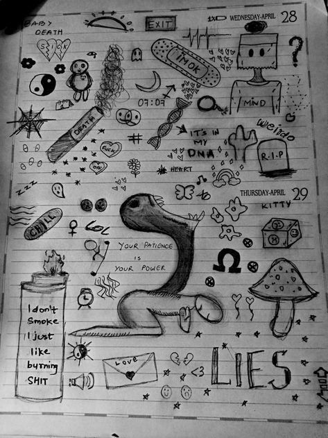 School Doodles Drawings Ideas, Messy Mind Drawing, Messy Drawings Sketches, Graffiti Doodles Ideas, School Doodles Drawings, Notebook Drawing Ideas, Silly Drawings Doodles, Page Of Doodles, Notebook Drawings Doodles