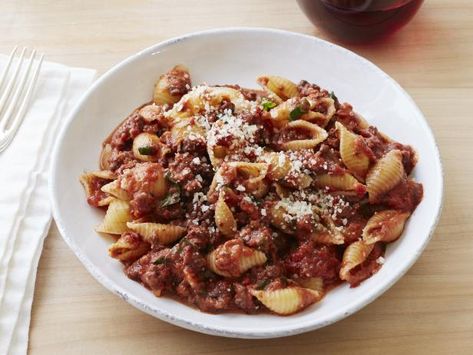 Weeknight Bolognese Recipe | Ina Garten | Food Network Baked Mostaccioli Recipe, Homemade Pastas, Weeknight Bolognese, Baked Mostaccioli, Grain Dishes, Sharpie Plates, Shrimp Spinach, Italian Meals, Pasta Bolognese