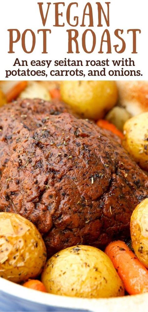 This vegan pot roast is made with meaty vegan beef seitan and roasted with onions, carrots, and potatoes. It tastes surprisingly like traditional pot roast with a meaty vegan beef and a seasoned savoy gravy that will bring back memories. This meatless pot roast is total vegan comfort food that the whole family will love. thehiddenveggies.com Plant Based Pot Roast, Seitan Steak Recipes Vegan, Vegan Pot Roast Slow Cooker, Vegan Pot Roast Veggies, Vegetarian Roast Dinner Alternative, Vegan Meats Recipes, Easy Seitan Recipes Vegan, Vegan Sunday Roast, Walnut Vegan Recipes