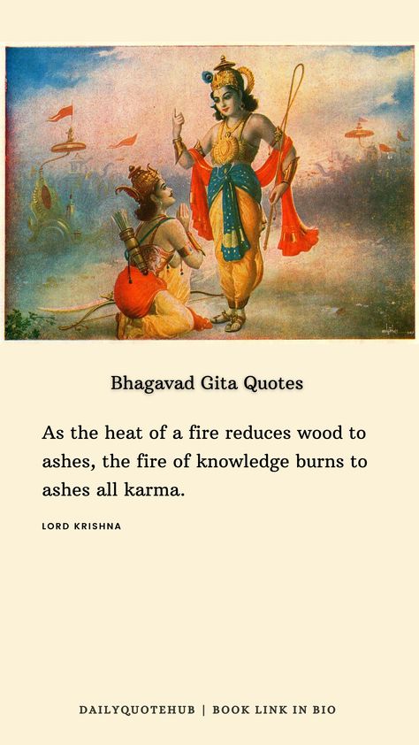 Bhagavad Gita, also known as the Gita - "The Song of The Lord" is a practical guide to one's life that guides one to re-organize their life, achieve inner peace, and approach the Supreme Lord (the Ultimate Reality). It is a 700-verse text in Sanskrit which comprises chapters 23 through 40 in the Bhishma-Parva section of the Mahabharata. #quotes #Quoteoftheday Mahabharata Quotes, Bhagavad Gita Quotes, Sanskrit Quotes, The Mahabharata, Famous Author Quotes, Gita Quotes, Daily Quote, Quotes Wisdom, Famous Authors