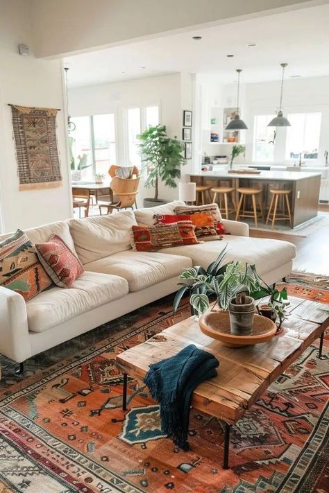 Rustic Colorful Living Room, Calming Living Rooms, Natural Home Style, Living Room Designs With Color, Pops Of Color Living Room, Modern Boho House, Boho Small Living Room, Boho Western Living Room, Statement Rugs