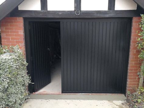 Garage Doors Uk, Hinged Garage Doors, Black Garage Doors, Side Hinged Garage Doors, Garage Workshop Layout, Garage Door Hinges, Workshop Layout, Garage Room, Garage Conversion