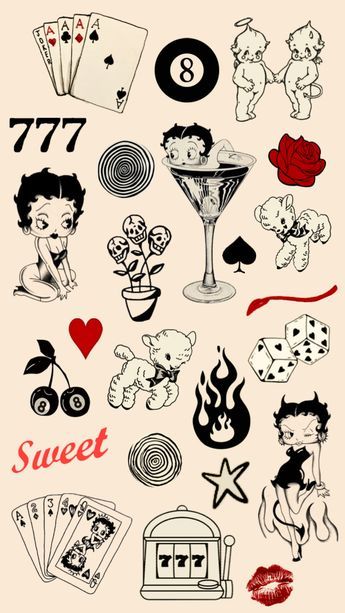 Betty Boop Ghost Tattoo, Play Boy Tattoo Idea, Betty Boop Patchwork Tattoo, Flash Sheet Tattoo Traditional, Classic Pinup Tattoo, 50s Tattoo Ideas, Burlesque Tattoo Ideas, Retro Tattoo Ideas Vintage, 2000s Emo Tattoos