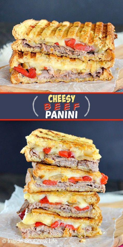 Paninis, Roast Beef And Cheese Sandwich, Roast Beef Panini Sandwiches, Roast Beef Grilled Cheese, Roast Beef Panini, Panini Ideas, Panini Press Recipes, Roast Beef Wrap, Grilled Roast Beef