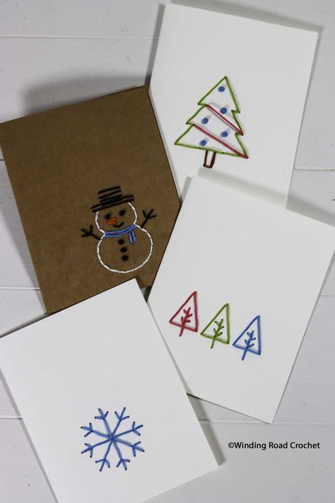 Embroidery Christmas Cards, Embroidered Christmas Cards, Xmas Embroidery, Winding Road Crochet, Embroidery Cards Pattern, Sewing Cards, Embroidery Cards, Stitching Cards, Christmas Embroidery Designs