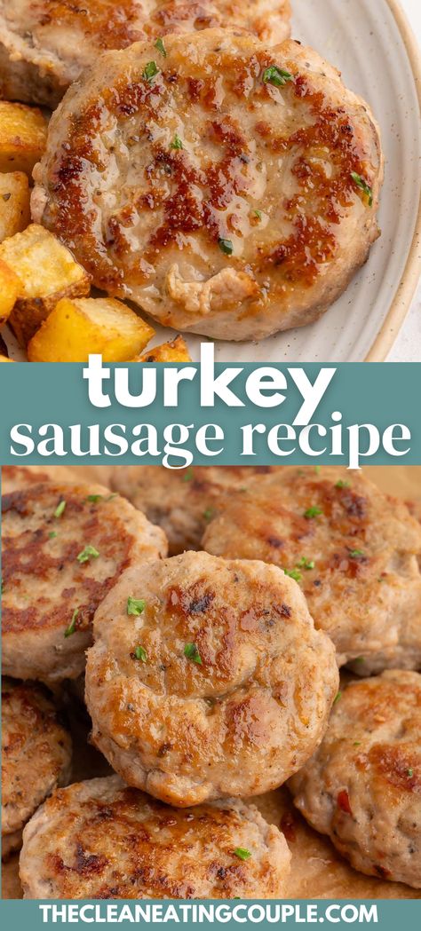 Two photos: Two turkey breakfast sausage patties on a white plate and Turkey Breakfast Sausage on a piece of parchment paper with the words "turkey sausage recipe" in the foreground Turkey Sausage Breakfast Sandwich, Breakfast Turkey Sausage Recipes, Ground Turkey Sausage Recipes, Turkey Breakfast Sausage Recipes, Turkey Sausage Recipes Healthy, Breakfast Patties Recipe, Turkey Breakfast Recipes, Turkey Sausage Recipe, Healthy Sausage Recipes