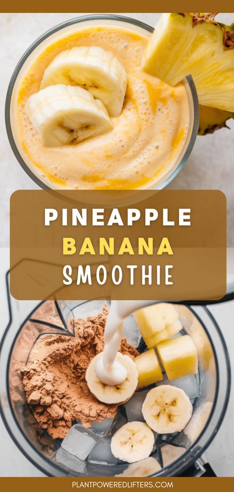 Are you looking for an easy and healthy smoothie recipe? Then this pineapple banana vegan protein smoothie recipe is for you! It's easy to make, quick, and works great as a high-protein vegan breakfast or vegan snack. It also comes with spinach for that extra green boost! Pineapple Banana Smoothie Healthy, Strawberry Banana Pineapple Smoothie, Banana Pineapple Smoothie Recipes, Protein Breakfast Smoothie Recipes, Green Smoothie Recipes Healthy Breakfast, Banana Pineapple Smoothie, Pineapple Protein Smoothie, Smoothie With Pineapple, Pineapple Smoothie Healthy