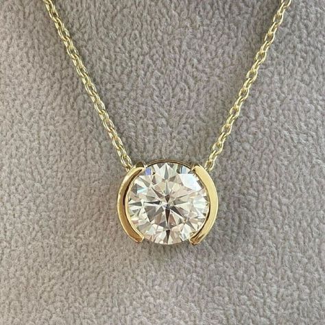 Elevate your style with these stunning solitaire pendant necklaces in 14K Yellow or White Gold Plated 💎 Perfect for any occasion! #SimulatedDiamond #PendantNecklace #SterlingSilver #FashionJewelry #GiftIdea Half Bezel Necklace, Half Bezel Setting, Round Diamond Pendant, Trendy Jewellery, Family Jewelry, Solitaire Diamond Pendant, Half Bezel, Moissanite Pendant, Dainty Diamond Necklace