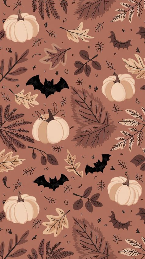 Spooky season wallpaper for your phone! Fall phone background with bats, pumpkins and autumn leaves. Cute neutral halloween phone wallpaper. Bats Phone Wallpaper, Fall Background Pumpkins, Halloween Aesthetic Pattern, Cute Fall Widget Pictures, Cute Wallpapers Autumn, Neutral Pattern Wallpaper, Phone Wallpaper Fall Aesthetic, Fall Watch Wallpaper, Bat Phone Wallpaper