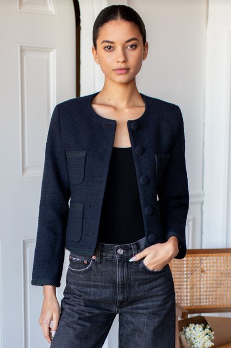 Tweed jacket in midnight blue.    - vintage inspired  - wool tweed with trim detail  - covered button front  - pockets on front  - bracelet length sleeve  - lined  - made in nyc Emerson Fry, Chanel Tweed Jacket Outfit, Women's Headshots, Winter Styling, Ivy League, Bracelet Length, Trim Detail, British Indian, Tweed Jacket