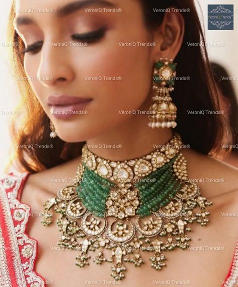 VeroniQ Trends(+91-9549901009) is a Leading manufacturer of Kundan,Polki Jewelry& Garments in India. We make any jewelry on order. Almost all designs on our page can be made anytime on order To order click on the link www.veroniqtrends.com or message. For international buyers or drop a message (What’s App) (+91-9549901009)(India)or Drop a Mail at info@veroniqtrends.com #makeuptransformation #deepikapadukonbridalwear #makeup #makeovergeek #makeuplooks #makeuptutorial #makeuplover #bridesma... Pachi Kundan Jewellery, Polki Diamond Jewellery, Canada Party, Punjabi Jewelry, Makeup Images, Polki Necklace, Polki Jewellery, Earrings Design, Green Beads