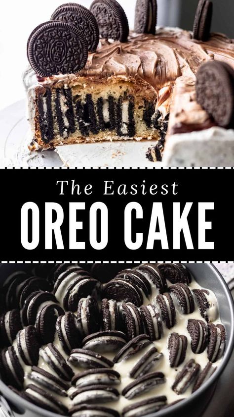 This is the easiest oreo cake recipe you'll ever make! This cake has an oreo filling and oreos on top, making it the ultimate oreo birthday cake for oreo or cookies and cream cake lovers! This surprisingly easy oreo cake recipe uses boxed vanilla cake mix. The cake batter is stuffed with Oreos prior to baking and baked in a springform pan for easy release. The vanilla cake combined with double stuffed Oreos gives a very cookies and cream cake vibe. Oreo Cake Using Box Cake, Oreo Stacked Cake, Oreo Box Cake Recipe, Oreos Birthday Cake, Oreo Cake With Box Cake, Oreo Birthday Cake Recipe, Cookies And Cream Cake With Box Cake, Cookies And Cream Birthday Cake, Oreo Birthday Cake Ideas