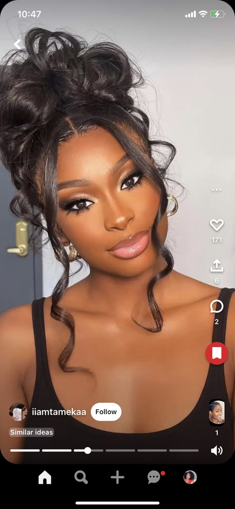 Black Hairstyles For Homecoming, Prom Up Hairstyles Updo, Hair Styles For Oval Faces Black Women, Makeup Looks For Black Women Graduation, Wedding Updo African American, Birthday Glam Hair, Formal Wig Styles, Updo Makeup Looks, Black Makeup Looks Black Women Prom