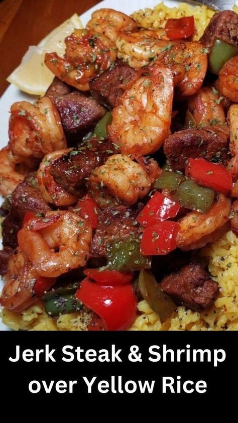 Heat oil in a large pan over Med High heat. Add steak. Cook undisturbed for 3 mins. Gently flip in pan until browned on all sides, abt 7-8 mins. Remove and set aside. Season shrimp with Jerk & Creole Seasonings. Blend well. The color should begin to turn red. Add butter to pan then add shrimp. Cook for 1 min on each side. Add honey. Cook an additional 1 min. Remove. Shrimp will finish cooking the last step. In same pan add bell peppers. Jerk Steak And Shrimp Over Yellow Rice, Shrimp Recipes For Dinner Rice, Jerk Steak And Shrimp, Shrimp And Peppers Recipe, Steak And Shrimp Recipes, Jerk Steak, Cajun Shrimp Fried Rice, Season Shrimp, Beef Tri Tip