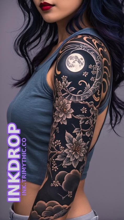 Color To Black And White Tattoo, Spiritual Shin Tattoo, Back Of Calves Tattoos For Women, Cool Black And Grey Tattoos, Tattoo Ideas 2024 For Women, Arm Sleeve Cover Up Tattoos, Unique Women Sleeve Tattoos, Full Sleeve Tattoo Designs For Women, New Tattoo Ideas For Women Unique