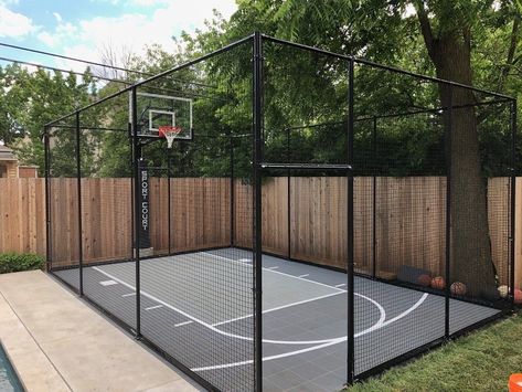 Half Basketball Court Backyard Size, Basketball Goal Backyard, Half Court Basketball Backyard, Small Basketball Court Backyard, Diy Basketball Court Backyard Cheap, Home Basketball Court Outdoor, Backyard Basketball Court Ideas, White Picket Fence Ideas, Backyard Basketball Court