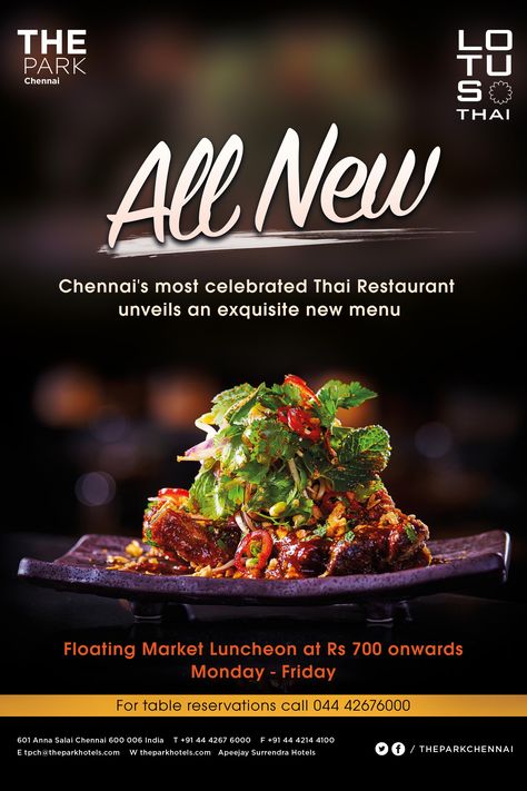 ‪#‎Launching‬ an all new ‪#‎menu‬ at ‪#‎Chennai‬'s most celebrated ‪#‎Thai‬ restaurant - Lotus today with a range of new dishes, desserts and cocktails. Come savour the ‪#‎authentic‬ �‪#‎flavours‬ of ‪#‎Thailand‬ at ‪#‎Lotus‬. Open for ‪#‎lunch‬ and ‪#‎dinner‬. For table ‪#‎reservations‬ call 044 42676000 New Menu Launch Poster, Thai Menu, Menu Designs, Restaurant Specials, Proposal Design, Retro Bar, Food Poster Design, Thai Restaurant, Food Ads