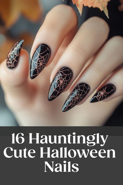 Get in the Halloween spirit with these spooky and cute Halloween nails designs! Whether you're into acrylic nails or DIY nail art, we've got you covered. From jack-o'-lanterns to spider webs, these Halloween nail ideas will take your costume to the next level. Try out some eerie black cat designs or fun ghost patterns for a festive touch. Don't forget to add a touch of glam with glitter and metallic accents for that extra sparkle this season. Dark Blue Spooky Nails, Black Nails With Cobwebs, Black Glitter Spider Web Nails, Halloween Nails With Spider Webs, Halloween Nails 2024 Almond, Simple Halloween Nails Stilleto, Spooky Nails Acrylic Almond, Halloween Wedding Nail Ideas, Spider Web Halloween Nails