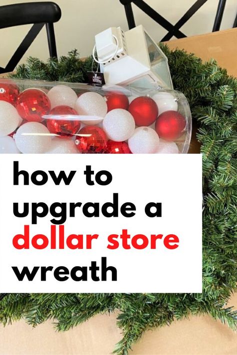 Quick Christmas wreath for front door on a budget. Make over a plain dollar store holiday wreath easy Christmas craft DIY. Decorate you living room or entryway on a budget with this cheap Christmas wreath idea. #wreath #christmas #dollarstore Christmas Diy Wreaths Front Doors, Cute Christmas Wreath Ideas, Wreath Decorating Ideas Christmas Diy, Decorating A Christmas Wreath, Decorating A Wreath For Christmas, Diy Christmas Wreaths For Front Door Dollar Tree, Dollar Tree Christmas Tree Wreath, Front Door Christmas Decor Diy, Dollar Tree Wreath Ideas Christmas Decor