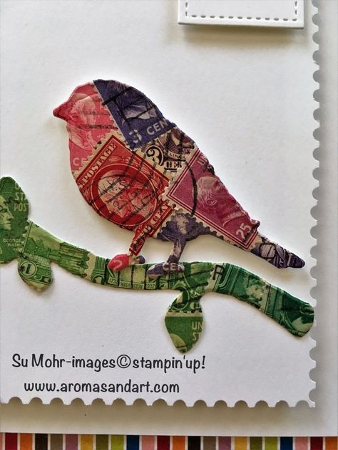 U.S. Postage Stamp Art-Bird on a Branch - Aromas and Art Crafts With Postage Stamps, Postage Stamps Diy, Postage Stamps Crafts, Postage Stamps Collage, Usps Stamps, Office Stamps, Security Envelopes, Stamps Art, Art Trading Cards