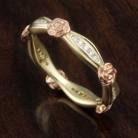 Flower Diamond Wedding Band in 14k yellow gold with 14k rose gold roses and white gold diamonds. Rose Gold Diamond Flower Ring, Rose Gold Roses, Flower Gold Ring, Gold Roses, Cute Engagement Rings, Future Engagement Rings, Rose Jewelry, Jewelry Lookbook, Nature Inspired Jewelry