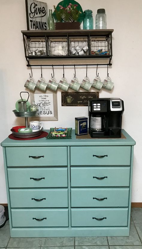 My coffee bar! Green Coffee Bar, Coffee Bar In Kitchen, Bar In Kitchen, Cofee Bar, Coffee Corners, Office Coffee Bar, Bar For Home, Coffee Bar Station, Coffee Area