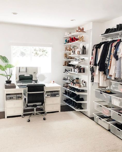 HOLY CLOSET HEAVEN! Home organization and storage transformation by RíOrganize Closet Office Ideas Small Walk In, Cloffice Ideas Small Spaces, Turn Room Into Walk In Closet, Office And Closet Combo Room, Closet And Office Combo, Closet With Vanity, Spare Room Walk In Closet, Bedroom Turned Closet, Small Closet Shelving