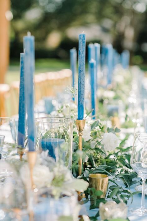 Taper Candle Centerpiece, Blue Taper Candles, Blue Wedding Centerpieces, Blue Candlesticks, Charleston Weddings, Blue Candle, Boda Mexicana, Blue Inspiration, Wedding Colors Blue