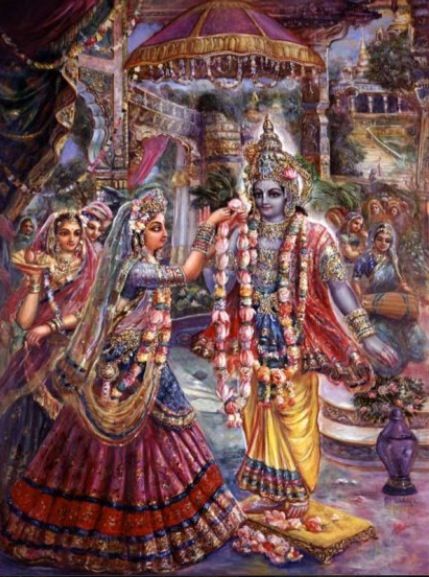 The marriage of Rukmini & Krsna Karma Spirituality, Hinduism Gods, Krishna Rukmini, Hindu Vedas, Krishna Avatar, Radha Krishna Quotes, Radha Krishna Wallpaper, Lord Krishna Wallpapers, Krishna Radha Painting